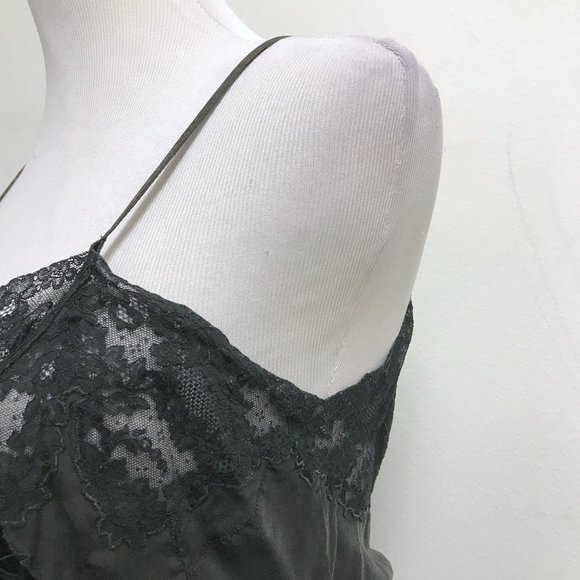 Maxine black lace + velvet silk long slip gown spaghetti straps VINTAGE M midi - Picture 3 of 7
